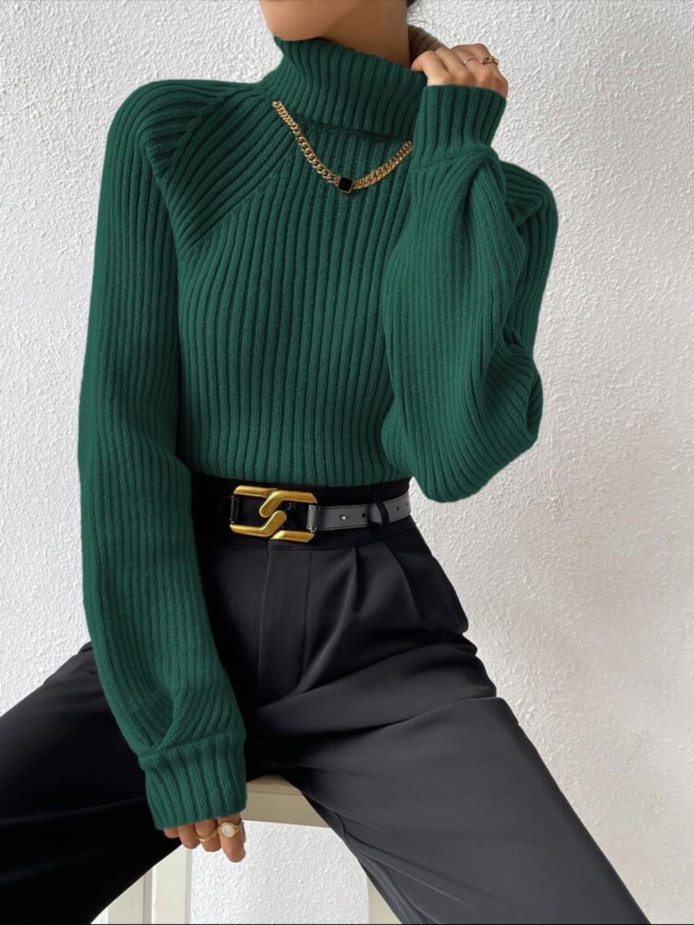 High Neck Ribbed Green Sweater